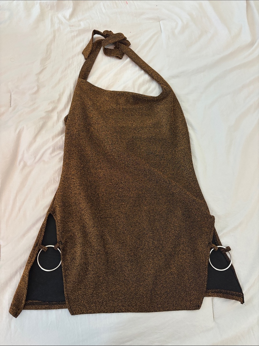 Fashion Nova Brown Metallic Halter Tank dress with Ring Accents